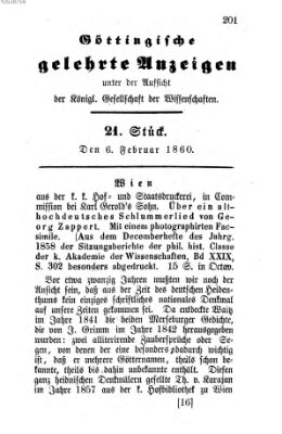 Göttingische gelehrte Anzeigen (Göttingische Zeitungen von gelehrten Sachen) Montag 6. Februar 1860