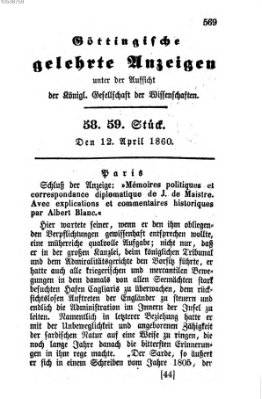 Göttingische gelehrte Anzeigen (Göttingische Zeitungen von gelehrten Sachen) Donnerstag 12. April 1860