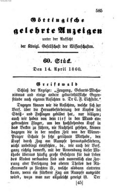 Göttingische gelehrte Anzeigen (Göttingische Zeitungen von gelehrten Sachen) Samstag 14. April 1860