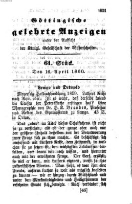 Göttingische gelehrte Anzeigen (Göttingische Zeitungen von gelehrten Sachen) Montag 16. April 1860