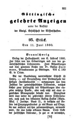 Göttingische gelehrte Anzeigen (Göttingische Zeitungen von gelehrten Sachen) Montag 11. Juni 1860