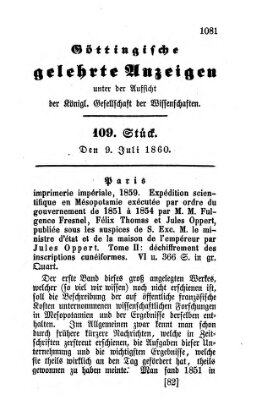 Göttingische gelehrte Anzeigen (Göttingische Zeitungen von gelehrten Sachen) Montag 9. Juli 1860