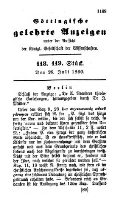 Göttingische gelehrte Anzeigen (Göttingische Zeitungen von gelehrten Sachen) Donnerstag 26. Juli 1860