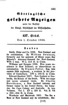 Göttingische gelehrte Anzeigen (Göttingische Zeitungen von gelehrten Sachen) Montag 1. Oktober 1860