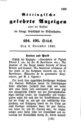 Göttingische gelehrte Anzeigen (Göttingische Zeitungen von gelehrten Sachen) Donnerstag 6. Dezember 1860