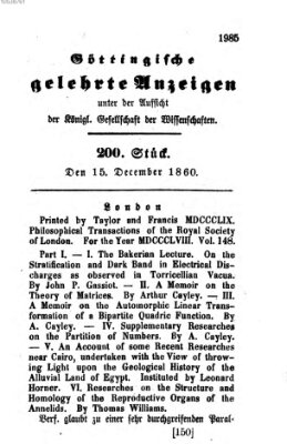 Göttingische gelehrte Anzeigen (Göttingische Zeitungen von gelehrten Sachen) Samstag 15. Dezember 1860