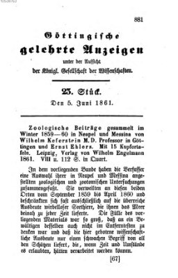 Göttingische gelehrte Anzeigen (Göttingische Zeitungen von gelehrten Sachen) Mittwoch 5. Juni 1861