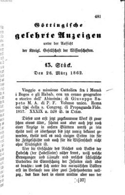 Göttingische gelehrte Anzeigen (Göttingische Zeitungen von gelehrten Sachen) Mittwoch 26. März 1862
