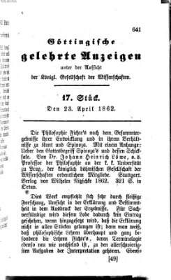 Göttingische gelehrte Anzeigen (Göttingische Zeitungen von gelehrten Sachen) Mittwoch 23. April 1862