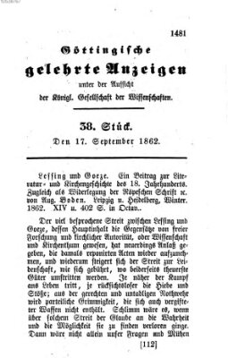 Göttingische gelehrte Anzeigen (Göttingische Zeitungen von gelehrten Sachen) Mittwoch 17. September 1862