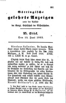 Göttingische gelehrte Anzeigen (Göttingische Zeitungen von gelehrten Sachen) Mittwoch 10. Juni 1863