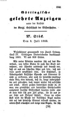 Göttingische gelehrte Anzeigen (Göttingische Zeitungen von gelehrten Sachen) Mittwoch 8. Juli 1863