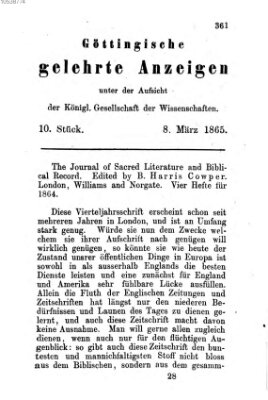 Göttingische gelehrte Anzeigen (Göttingische Zeitungen von gelehrten Sachen) Mittwoch 8. März 1865