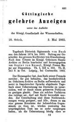 Göttingische gelehrte Anzeigen (Göttingische Zeitungen von gelehrten Sachen) Mittwoch 3. Mai 1865