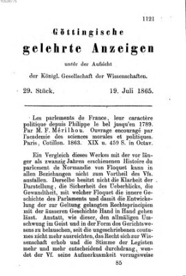Göttingische gelehrte Anzeigen (Göttingische Zeitungen von gelehrten Sachen) Mittwoch 19. Juli 1865