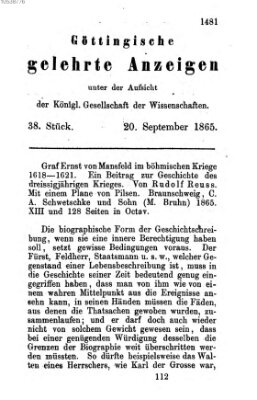 Göttingische gelehrte Anzeigen (Göttingische Zeitungen von gelehrten Sachen) Mittwoch 20. September 1865