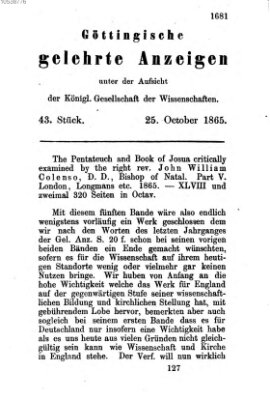 Göttingische gelehrte Anzeigen (Göttingische Zeitungen von gelehrten Sachen) Mittwoch 25. Oktober 1865