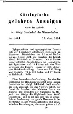 Göttingische gelehrte Anzeigen (Göttingische Zeitungen von gelehrten Sachen) Mittwoch 13. Juni 1866