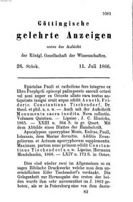 Göttingische gelehrte Anzeigen (Göttingische Zeitungen von gelehrten Sachen) Mittwoch 11. Juli 1866