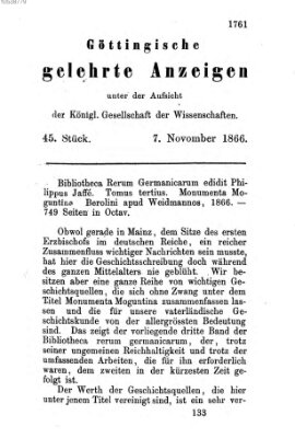 Göttingische gelehrte Anzeigen (Göttingische Zeitungen von gelehrten Sachen) Mittwoch 7. November 1866