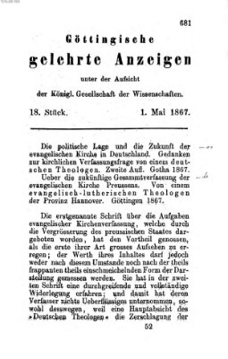 Göttingische gelehrte Anzeigen (Göttingische Zeitungen von gelehrten Sachen) Mittwoch 1. Mai 1867