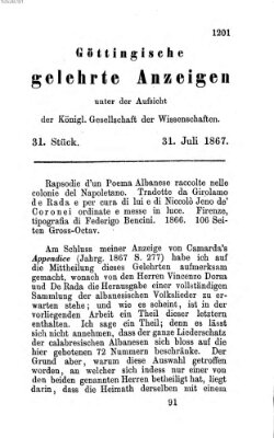 Göttingische gelehrte Anzeigen (Göttingische Zeitungen von gelehrten Sachen) Mittwoch 31. Juli 1867