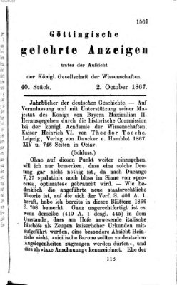 Göttingische gelehrte Anzeigen (Göttingische Zeitungen von gelehrten Sachen) Mittwoch 2. Oktober 1867