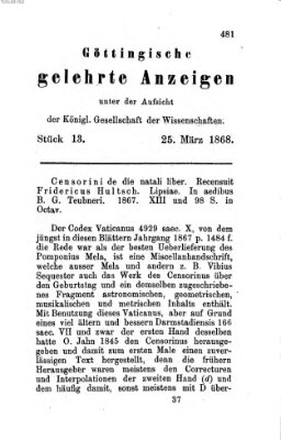 Göttingische gelehrte Anzeigen (Göttingische Zeitungen von gelehrten Sachen) Mittwoch 25. März 1868