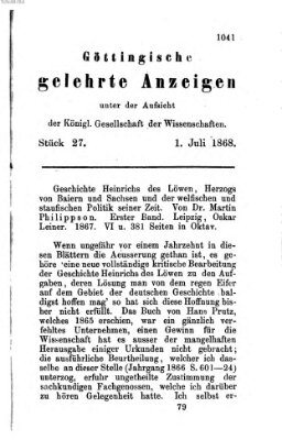 Göttingische gelehrte Anzeigen (Göttingische Zeitungen von gelehrten Sachen) Mittwoch 1. Juli 1868