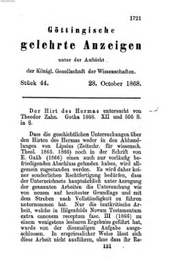 Göttingische gelehrte Anzeigen (Göttingische Zeitungen von gelehrten Sachen) Mittwoch 28. Oktober 1868