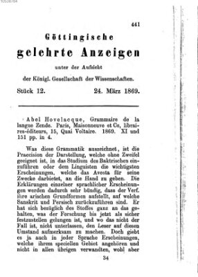 Göttingische gelehrte Anzeigen (Göttingische Zeitungen von gelehrten Sachen) Mittwoch 24. März 1869
