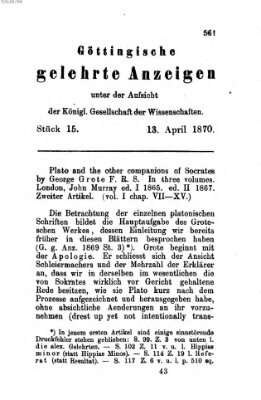 Göttingische gelehrte Anzeigen (Göttingische Zeitungen von gelehrten Sachen) Mittwoch 13. April 1870