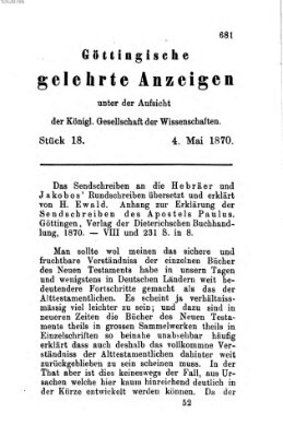 Göttingische gelehrte Anzeigen (Göttingische Zeitungen von gelehrten Sachen) Mittwoch 4. Mai 1870