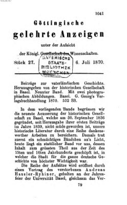 Göttingische gelehrte Anzeigen (Göttingische Zeitungen von gelehrten Sachen) Mittwoch 6. Juli 1870