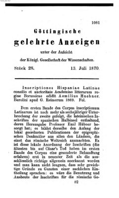 Göttingische gelehrte Anzeigen (Göttingische Zeitungen von gelehrten Sachen) Mittwoch 13. Juli 1870
