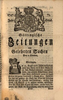 Göttingische Zeitungen von gelehrten Sachen Montag 2. Oktober 1747