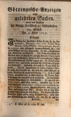 Göttingische Anzeigen von gelehrten Sachen (Göttingische Zeitungen von gelehrten Sachen) Samstag 4. August 1753