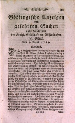 Göttingische Anzeigen von gelehrten Sachen (Göttingische Zeitungen von gelehrten Sachen) Montag 5. August 1754