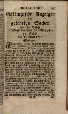 Göttingische Anzeigen von gelehrten Sachen (Göttingische Zeitungen von gelehrten Sachen) Montag 27. Juni 1757