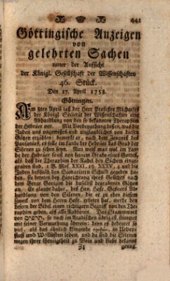 Göttingische Anzeigen von gelehrten Sachen (Göttingische Zeitungen von gelehrten Sachen) Montag 17. April 1758