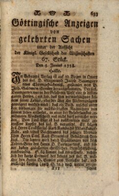 Göttingische Anzeigen von gelehrten Sachen (Göttingische Zeitungen von gelehrten Sachen) Montag 5. Juni 1758