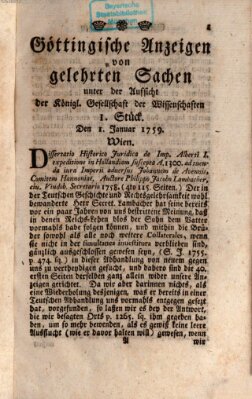 Göttingische Anzeigen von gelehrten Sachen (Göttingische Zeitungen von gelehrten Sachen) Montag 1. Januar 1759
