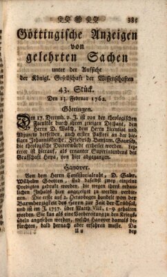 Göttingische Anzeigen von gelehrten Sachen (Göttingische Zeitungen von gelehrten Sachen) Samstag 13. Februar 1762
