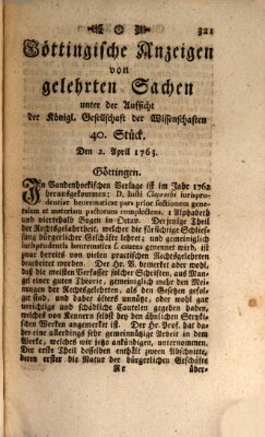 Göttingische Anzeigen von gelehrten Sachen (Göttingische Zeitungen von gelehrten Sachen) Samstag 2. April 1763