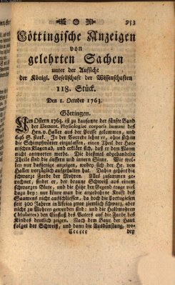 Göttingische Anzeigen von gelehrten Sachen (Göttingische Zeitungen von gelehrten Sachen) Samstag 1. Oktober 1763