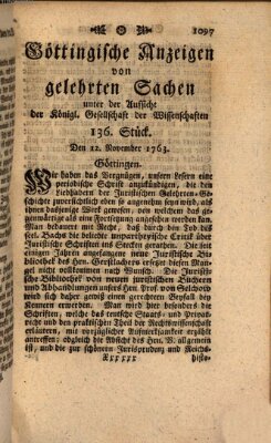 Göttingische Anzeigen von gelehrten Sachen (Göttingische Zeitungen von gelehrten Sachen) Samstag 12. November 1763