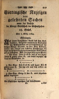 Göttingische Anzeigen von gelehrten Sachen (Göttingische Zeitungen von gelehrten Sachen) Montag 5. März 1764