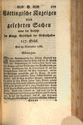 Göttingische Anzeigen von gelehrten Sachen (Göttingische Zeitungen von gelehrten Sachen) Montag 29. September 1766