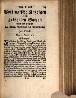 Göttingische Anzeigen von gelehrten Sachen (Göttingische Zeitungen von gelehrten Sachen) Donnerstag 11. Juni 1767