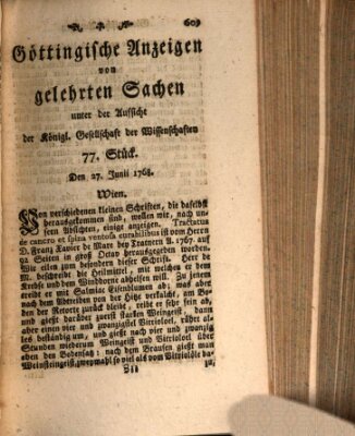 Göttingische Anzeigen von gelehrten Sachen (Göttingische Zeitungen von gelehrten Sachen) Montag 27. Juni 1768